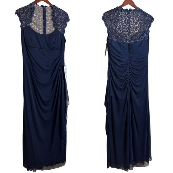 Xscape Stand-Collar Illusion Back Navy Blue Formal Gown Size 16W Ruched Lace NEW - Picture 2 of 16